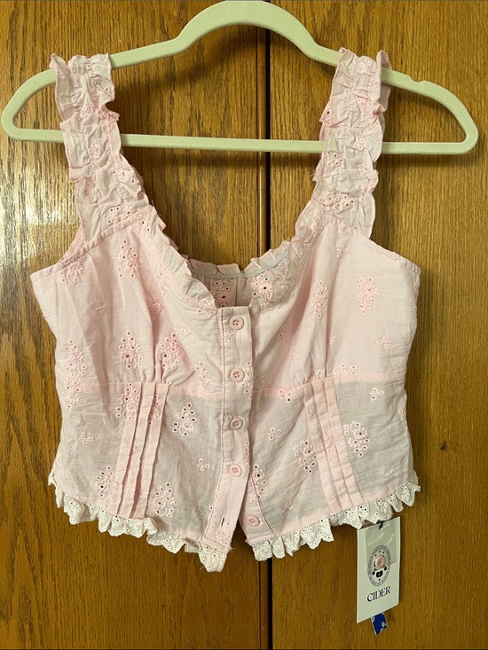 Cider Tops - Cider Pale Pink Ruffle Eyelet Button Crop Top
